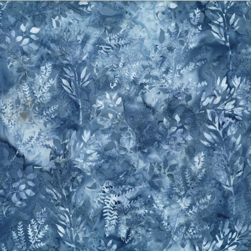 Hoffman Fabrics Bali Hand Dyed Batik Leafy Branches Ferns Fronds Denim Blue, detailed pattern of leaves, ferns, and branches in shades of blue.