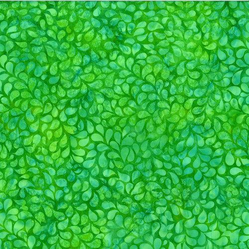 Hoffman Fabrics Bali Hand Dyed Batik Droplets Grass Green, fabric with a vibrant green batik pattern of overlapping droplet shapes.
