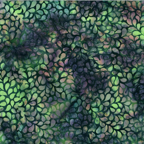 Hoffman Fabrics Bali Hand Dyed Batik Droplets Bonsai Green, vibrant batik fabric with intricate droplet and leaf pattern in green, purple, and black hues.