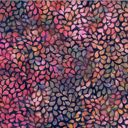 Hoffman Fabrics Bali Hand Dyed Batik Droplets Sierra Pink Purple Orange, a vibrant fabric with a leaf-like pattern in pink, purple, orange, and green hues.