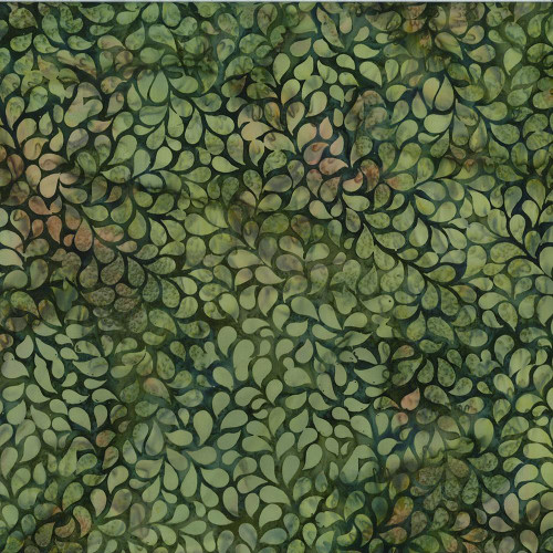 Hoffman Fabrics Bali Hand Dyed Batik Droplets Olive Green, fabric with a pattern of droplet shapes in shades of green and brown on a green background.
