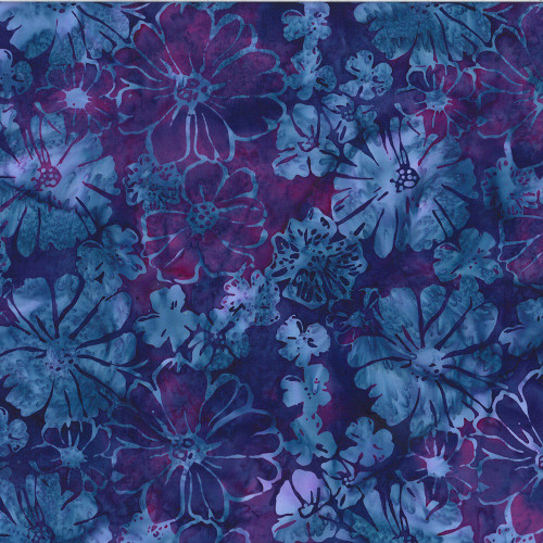 Hoffman Fabrics Bali Hand Dyed Batik Mixed Summer Flower Blooms Olivia Purple Blue