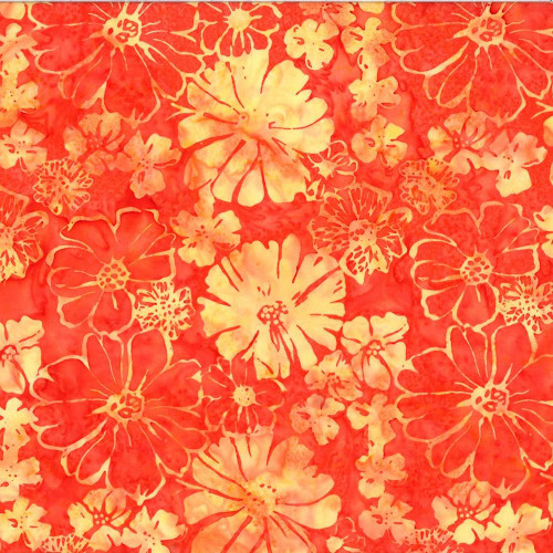 Hoffman Fabrics Bali Hand Dyed Batik Mixed Summer Flower Blooms Sherbert Orange, vibrant fabric with floral batik pattern in shades of orange and yellow.