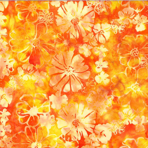 Hoffman Fabrics Bali Hand Dyed Batik Mixed Summer Flower Blooms Sunny Yellow Orange, vibrant batik fabric with floral pattern featuring sunlit yellow, orange, and white flowers.