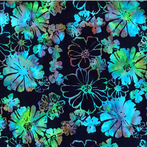 Hoffman Fabrics Bali Hand Dyed Batik Mixed Summer Flower Blooms Global Spice Purple Red Brown, vibrant floral batik fabric with colorful lily and hibiscus flower patterns on a dark background.