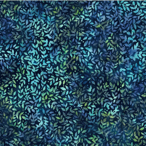 Hoffman Fabrics Bali Hand Dyed Batik Packed Leaves Watercress Blue Green Aqua, a fabric with a vibrant blue-green watercress leafy pattern in a hand-dyed batik style.