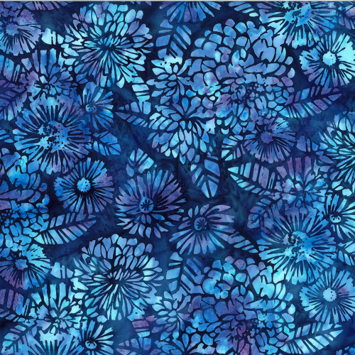 Hoffman Fabrics Bali Hand Dyed Batik Woodblock Flowers Hydrange Zinnia Delft Blue Purple