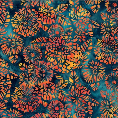Hoffman Fabrics Bali Hand Dyed Batik Woodblock Flowers Hydrange Zinnia Monarch Orange Black