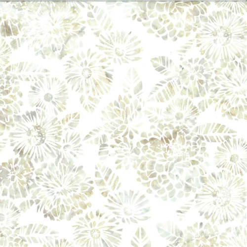 Hoffman Fabrics Bali Hand Dyed Batik Woodblock Flowers Hydrange Zinnia Sanddollar Cream, textile with a floral woodblock pattern in pastel cream and beige tones.
