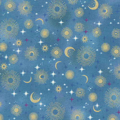Andover Fabrics Luna by Makower Stars and Moons Teal Blue Gold fabric, celestial pattern with gold stars, suns, moons, and white and purple accents on a teal background.