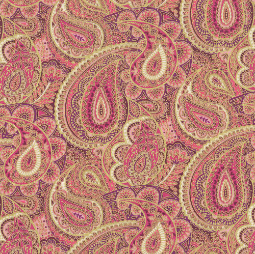 Andover Fabrics Luxe by Makower Floral Paisley Pink Gold, intricate paisley pattern with pink and gold detailing on fabric.