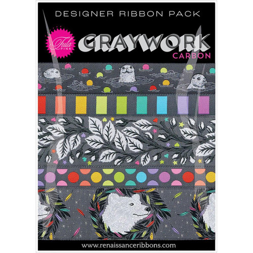 Renaissance Ribbon Tula Pink Graywork Ribbon Pack - 5 one yard cuts Carbon, featuring colorful patterns of seals, leaves, circles, and wolves on a dark background.