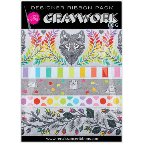 Renaissance Ribbon Tula Pink Graywork Ribbon Pack - 5 one yard cuts Fog