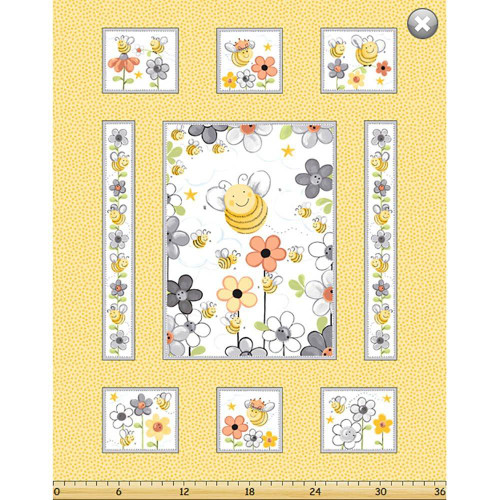 Clothworks Fabrics Sweet Bees SusyBee Panel 36 Inch, illustrated bee and flower pattern on fabric.