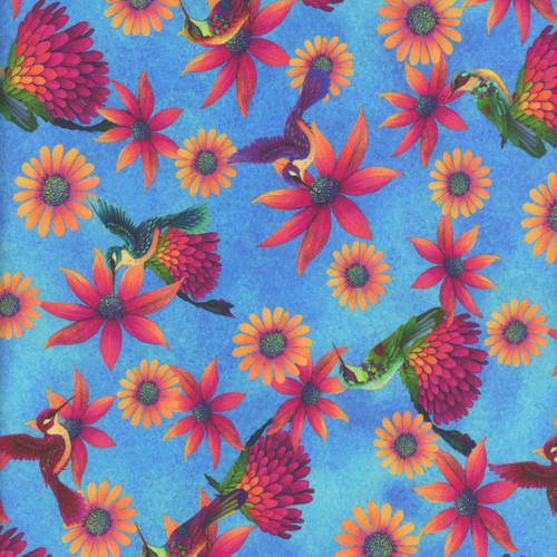 Blank Quilting Fabrics Luminous Haven JK Stewart Bright Blue Hummingbirds and Flowers, vibrant fabric with hummingbirds and colorful flowers on a bright blue background.