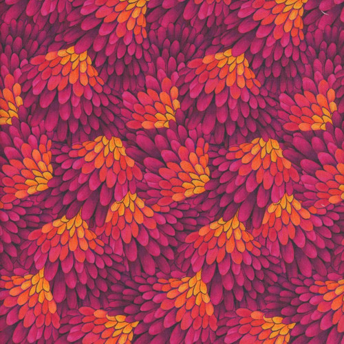 Blank Quilting Fabrics Luminous Haven JK Stewart Magenta Pink Purple Feather Texture, colorful fabric featuring a vibrant feather texture pattern in magenta, pink, purple, and orange hues.