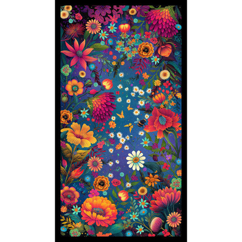 Blank Quilting Fabrics Luminous Haven JK Stewart Dark Blue Panel with Flowers and Bugs, vibrant floral pattern with colorful flowers and insects on a dark blue background.
