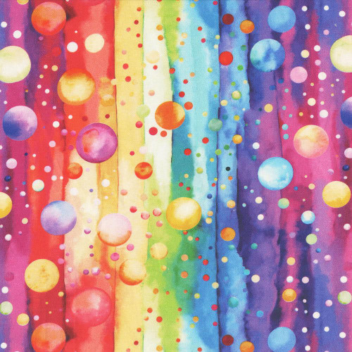 Blank Quilting Fabrics Bubble Pops 108 Inch Wide Quilt Back Tango Twist Design Multi Texture, colorful rainbow-patterned fabric with bubbles and textured patterns.
