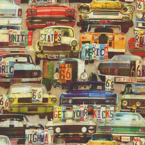 Blank Quilting Fabrics Historic Highway Thea Leaney Multi Retro Cars and License Plates