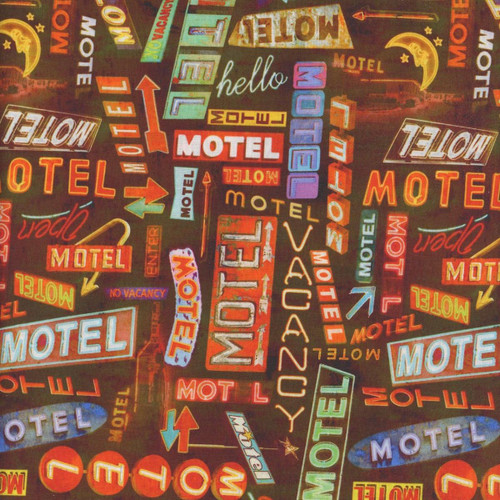 Blank Quilting Fabrics Historic Highway Thea Leaney Black Motel Signs, fabric featuring a collage of colorful vintage motel and highway neon sign designs.