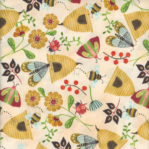 Blank Quilting Fabrics Nature's Symphony Color Pop Studio Pale Yellow Beehives and Flowers, fabric with colorful illustrations of beehives, bees, butterflies, ladybugs, flowers, berries, and leaves on a pale yellow background.