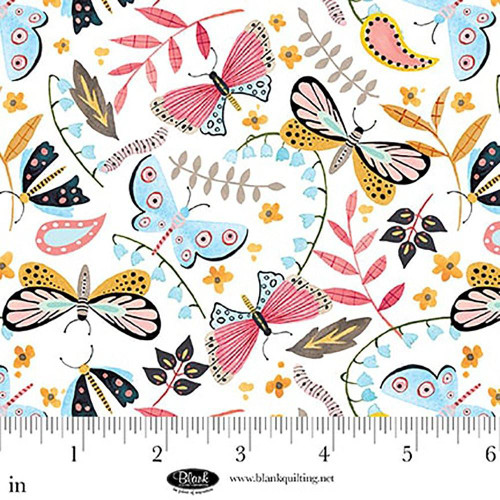 Blank Quilting Fabrics Nature's Symphony Color Pop Studio White Butterflies and Caterpillars, vibrant fabric with colorful butterflies, butterflies, caterpillars, and floral design.