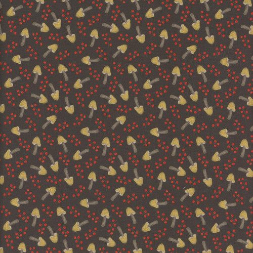 Blank Quilting Fabrics Nature's Symphony Color Pop Studio Black Mushrooms and Berries, fabric with a pattern of yellow mushrooms, red berries, and gray leaves on a black background.