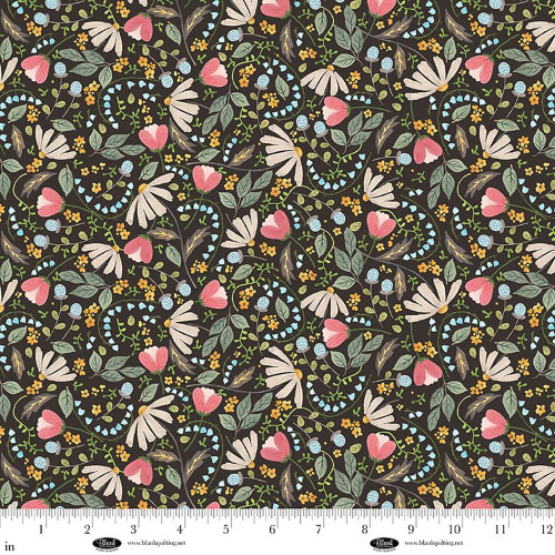 Blank Quilting Fabrics Nature's Symphony Color Pop Studio Black Mixed Flowers, a fabric with a floral pattern featuring white daisies, pink flowers, yellow and blue accents, and green leaves on a black background.