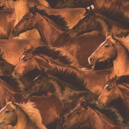 Blank Quilting Fabrics Spurs & Spirit Urban Essence Designs Brown Horses, detailed pattern of multiple brown horses with flowing manes in motion.