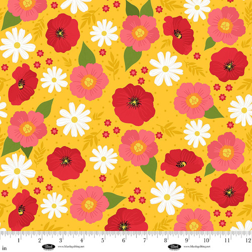Blank Quilting Fabrics The Bright Side Jessica Dayon Yellow Daisy and Poppy Flowers