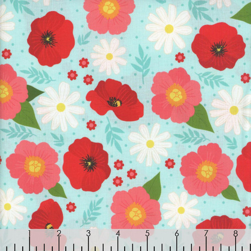 Blank Quilting Fabrics The Bright Side Jessica Dayon Turquoise Blue Daisy and Poppy Flowers, colorful floral pattern with red poppies, white daisies, pink flowers, green leaves, and teal background.