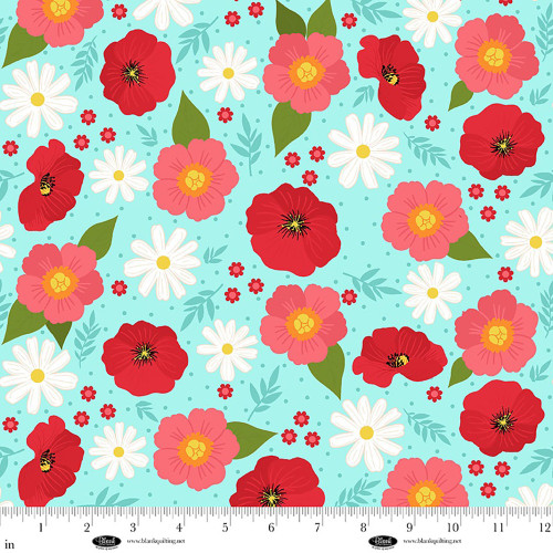 Blank Quilting Fabrics The Bright Side Jessica Dayon Turquoise Blue Daisy and Poppy Flowers