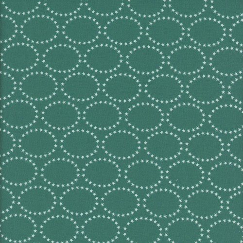 Blank Quilting Fabrics The Bright Side Jessica Dayon Turquoise Blue Star Ovals, turquoise fabric with white star oval pattern.