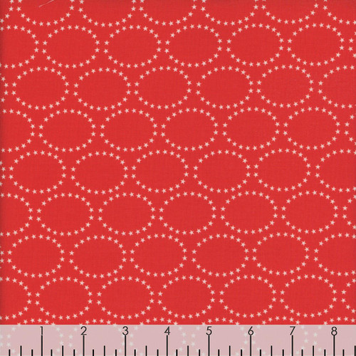 Blank Quilting Fabrics The Bright Side Jessica Dayon Red Star Ovals, fabric with white star oval patterns on a red background.