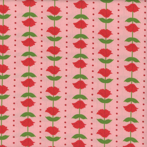 Blank Quilting Fabrics The Bright Side Jessica Dayon Light Pink Flower and Polka Dot Stripe, light pink fabric with red flowers, green leaves, and red polka dots for quilting and crafting.