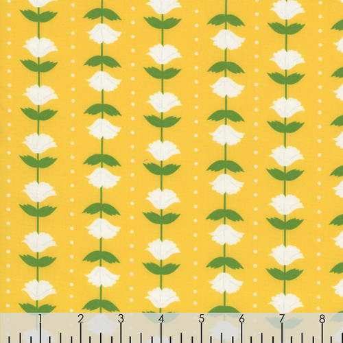 Blank Quilting Fabrics The Bright Side Jessica Dayon Yellow Flower and Polka Dot Stripe, yellow fabric with white flower and green leaf pattern and small white polka dots.