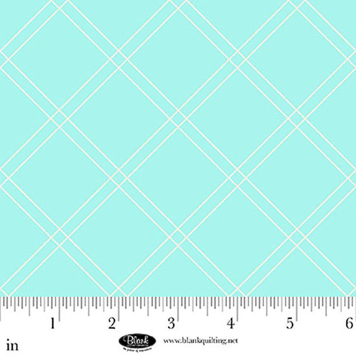 Blank Quilting Fabrics The Bright Side Jessica Dayon Turquoise Blue Windowpane Plaid, a light turquoise fabric with white intersecting windowpane plaid pattern.