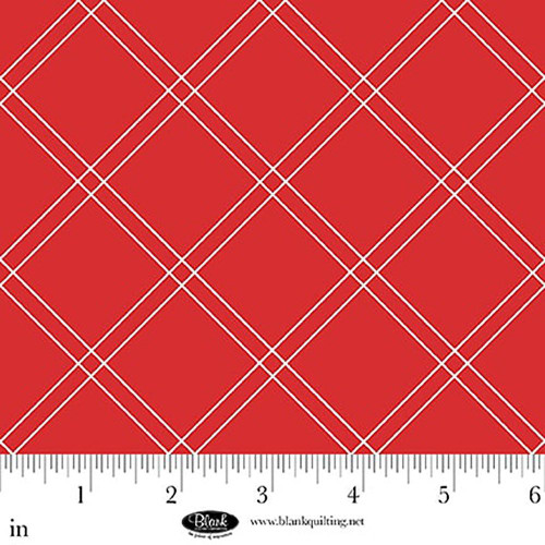 Blank Quilting Fabrics The Bright Side Jessica Dayon Red Windowpane Plaid, close-up of red fabric with white windowpane plaid pattern.