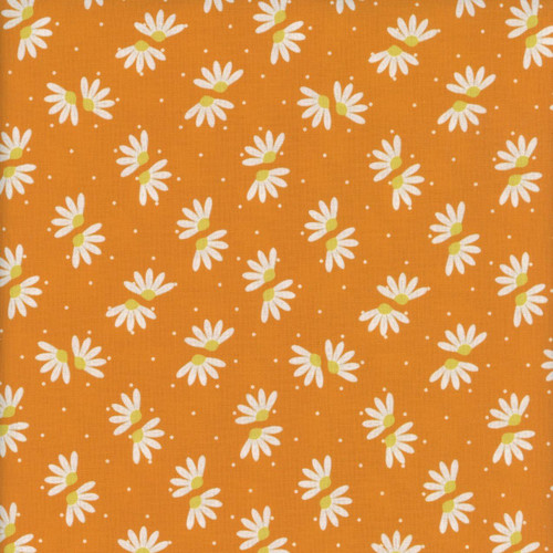 Blank Quilting Fabrics The Bright Side Jessica Dayon Orange Daisies and Dots, floral fabric with white daisies and small white dots on an orange background.