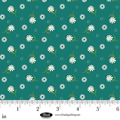Blank Quilting Fabrics The Bright Side Jessica Dayon Turquoise Blue Daises with Circles of Dots