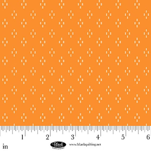 Blank Quilting Fabrics The Bright Side Jessica Dayon Orange Dash Diamonds, a colorful fabric with a bright orange background and white dash diamond pattern.