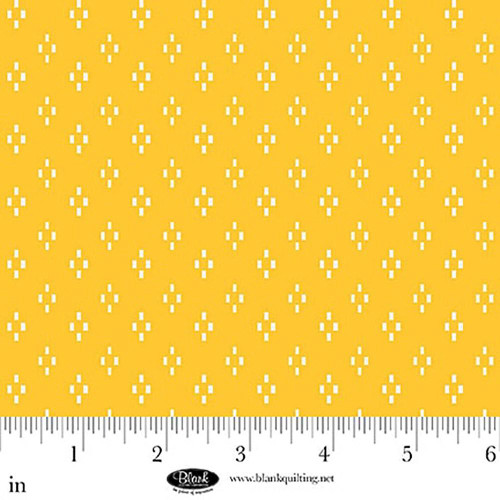Blank Quilting Fabrics The Bright Side Jessica Dayon Yellow Dash Diamonds, geometric quilting fabric with white diamond patterns on a yellow background.