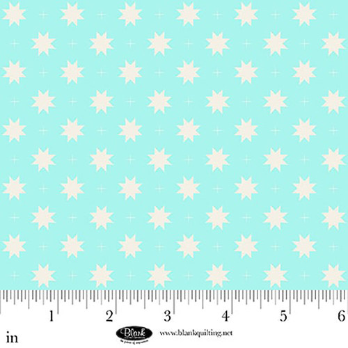 Blank Quilting Fabrics The Bright Side Jessica Dayon Turquoise Blue Eight Point Star and Check
