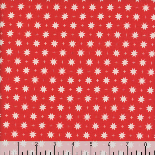 Blank Quilting Fabrics The Bright Side Jessica Dayon Red Eight Point Star and Check, red fabric with white eight-point stars and small white checkered dots.