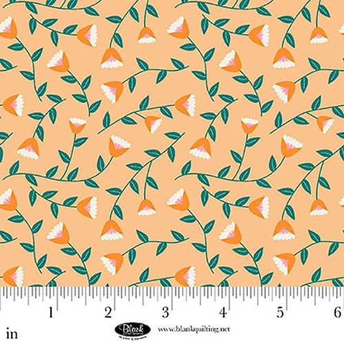 Blank Quilting Fabrics The Bright Side Jessica Dayon Peach Pink Viney Flowers, fabric featuring peach and pink floral vine pattern on a peach background with green leaves.