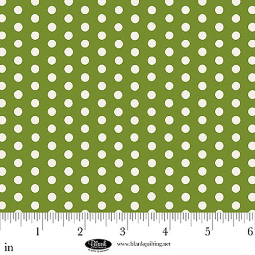 Blank Quilting Fabrics The Bright Side Jessica Dayon Green Polka Dot, green fabric with white polka dots and measurement ruler at the bottom.