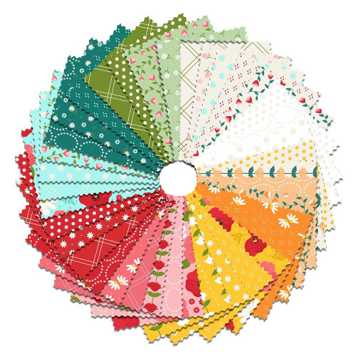 Blank Quilting Fabrics The Bright Side Jessica Dayon 42 pcs Layer Cake Ten Inch Squares, colorful fabric squares with festive holiday patterns and designs in a circular arrangement.