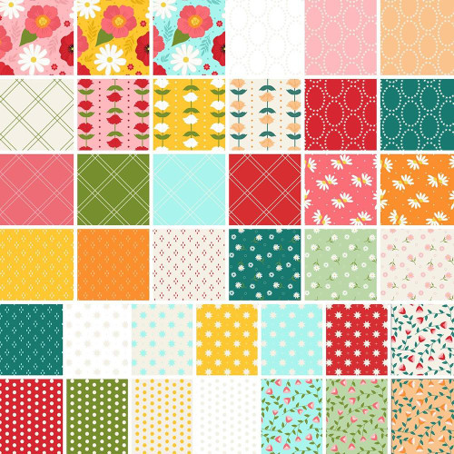 Blank Quilting Fabrics The Bright Side Jessica Dayon 42 pcs Charm Squares Five Inch, collection of colorful fabric squares with floral and geometric patterns.