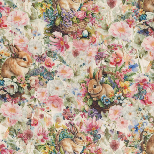 Henry Glass Fabrics Basket Full of Blessings Catherine Bartolli White Packed Floral and Bunnies