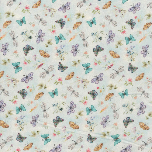 Henry Glass Fabrics Basket Full of Blessings Catherine Bartolli Sky Blue Butterflies and Flowers, a fabric featuring a delicate pattern of colorful butterflies, flowers, and foliage on a light sky blue background.